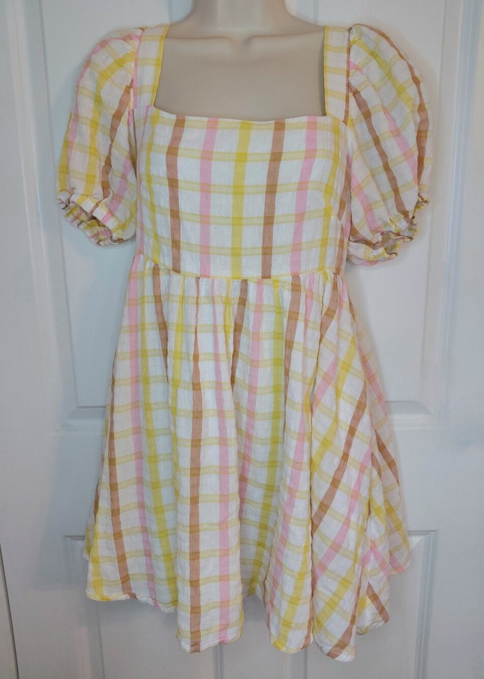 Mable Plaid Puff Sleeve Babydoll Dress Pink Yellow Size Small Cottage Summer